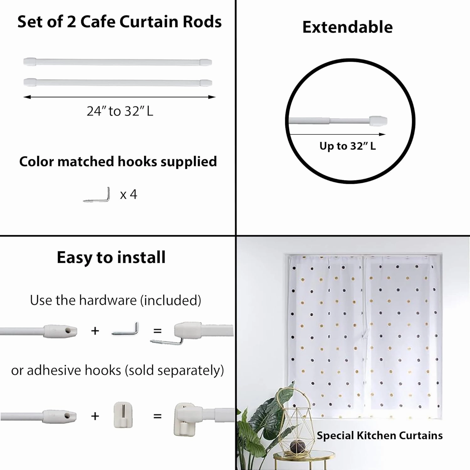 Small Cafe Curtain Rod Adjustable 24" to 32" Set of 2 White