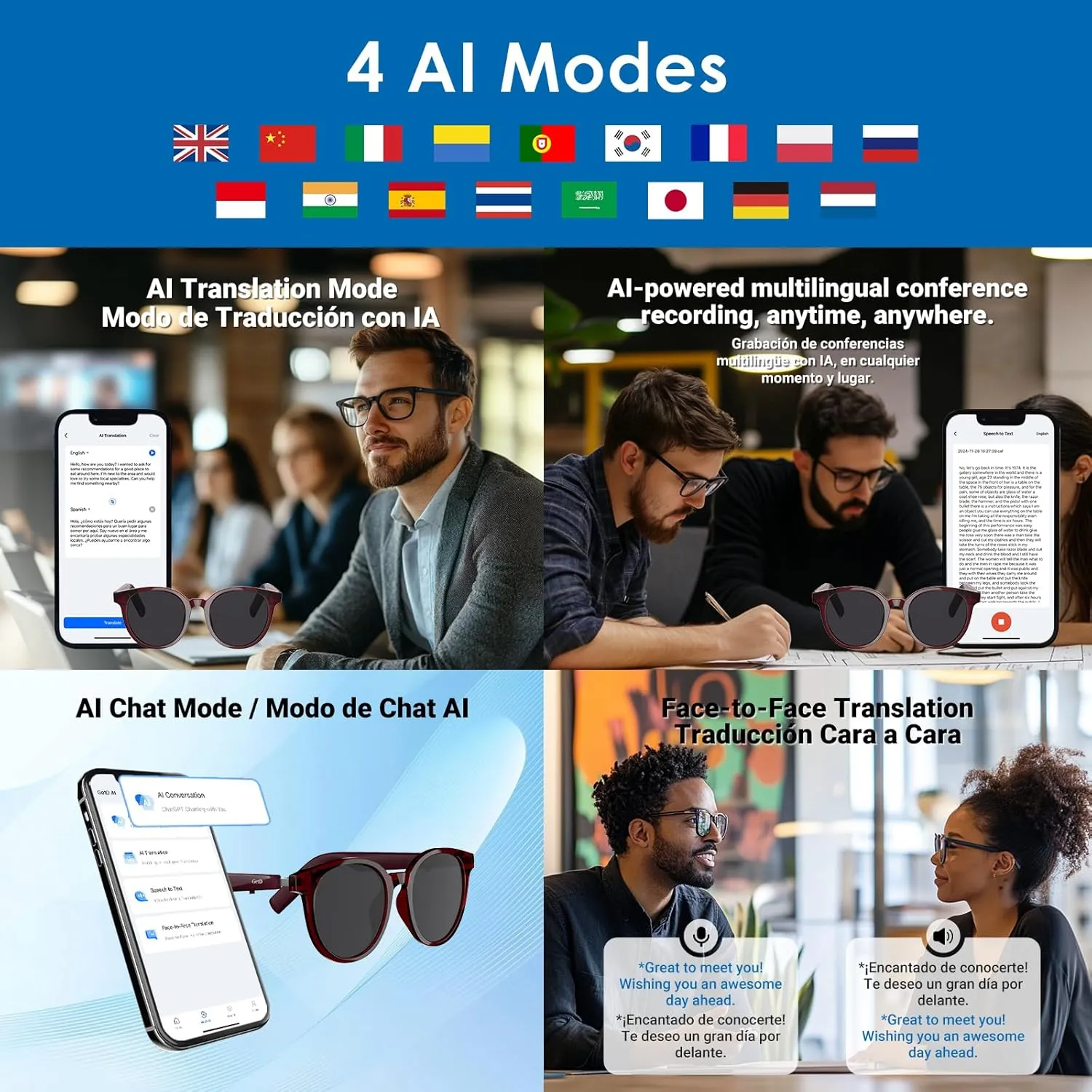 Smart Sunglasses, Round Polarized Lens Bluetooth Glasses for Women and Men with Speaker, Music Glasses AI Translator, 11H Battery Life, Voice Control, Smart Eyewear for Travel Driving Meeting