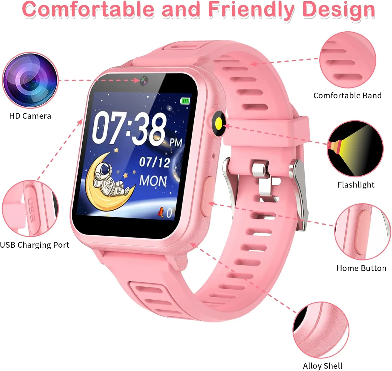 Smart Watch for Kids, Toddler Watch Toys with 24 Games Camera Video Recorder Music Alarm Calculator Calendar Stopwatch Flashlight Pedometer Birthday Gift Toys for 3-12 Year Old Boys and Girls (Pink)