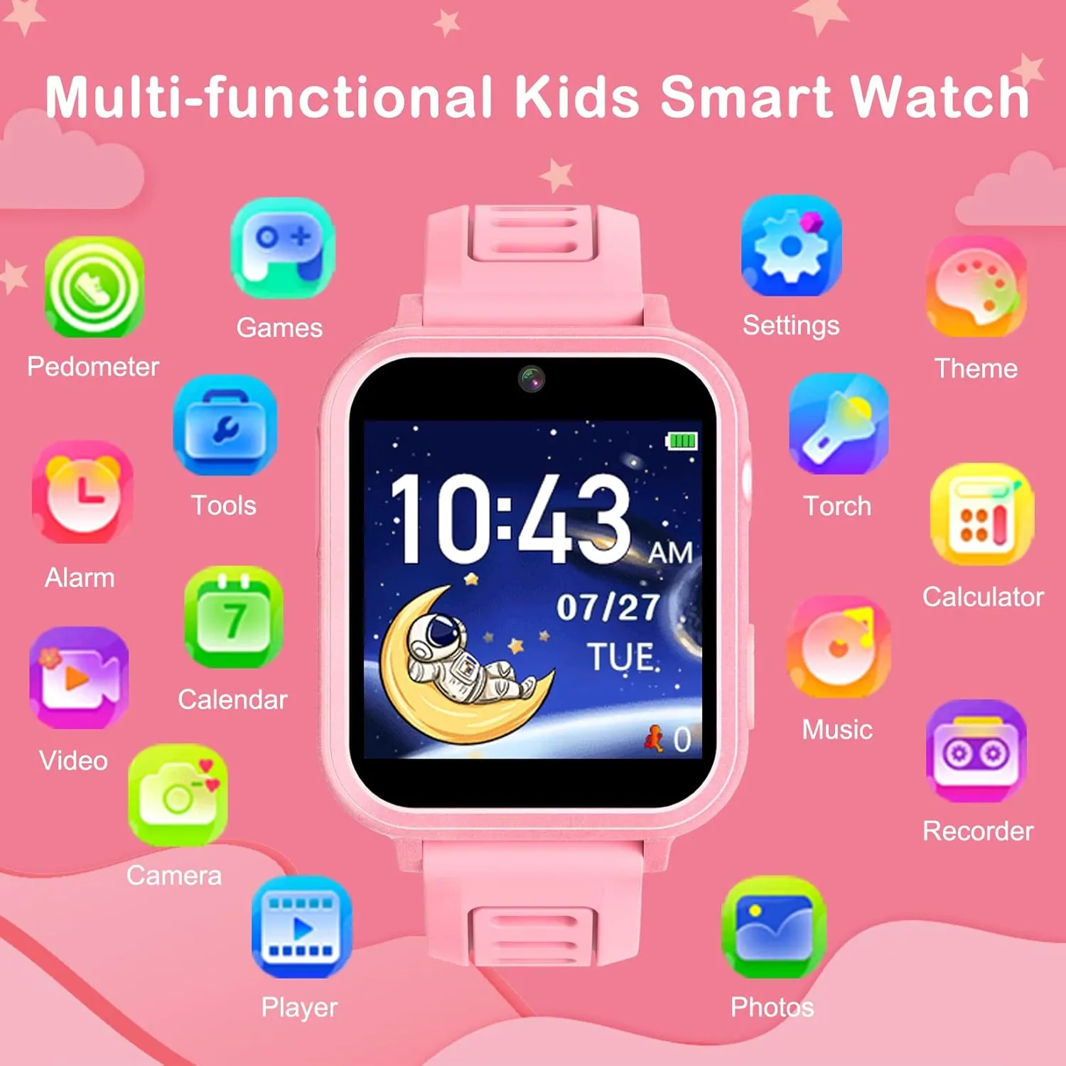 Smart Watch for Kids, Toddler Watch Toys with 24 Games Camera Video Recorder Music Alarm Calculator Calendar Stopwatch Flashlight Pedometer Birthday Gift Toys for 3-12 Year Old Boys and Girls (Pink)