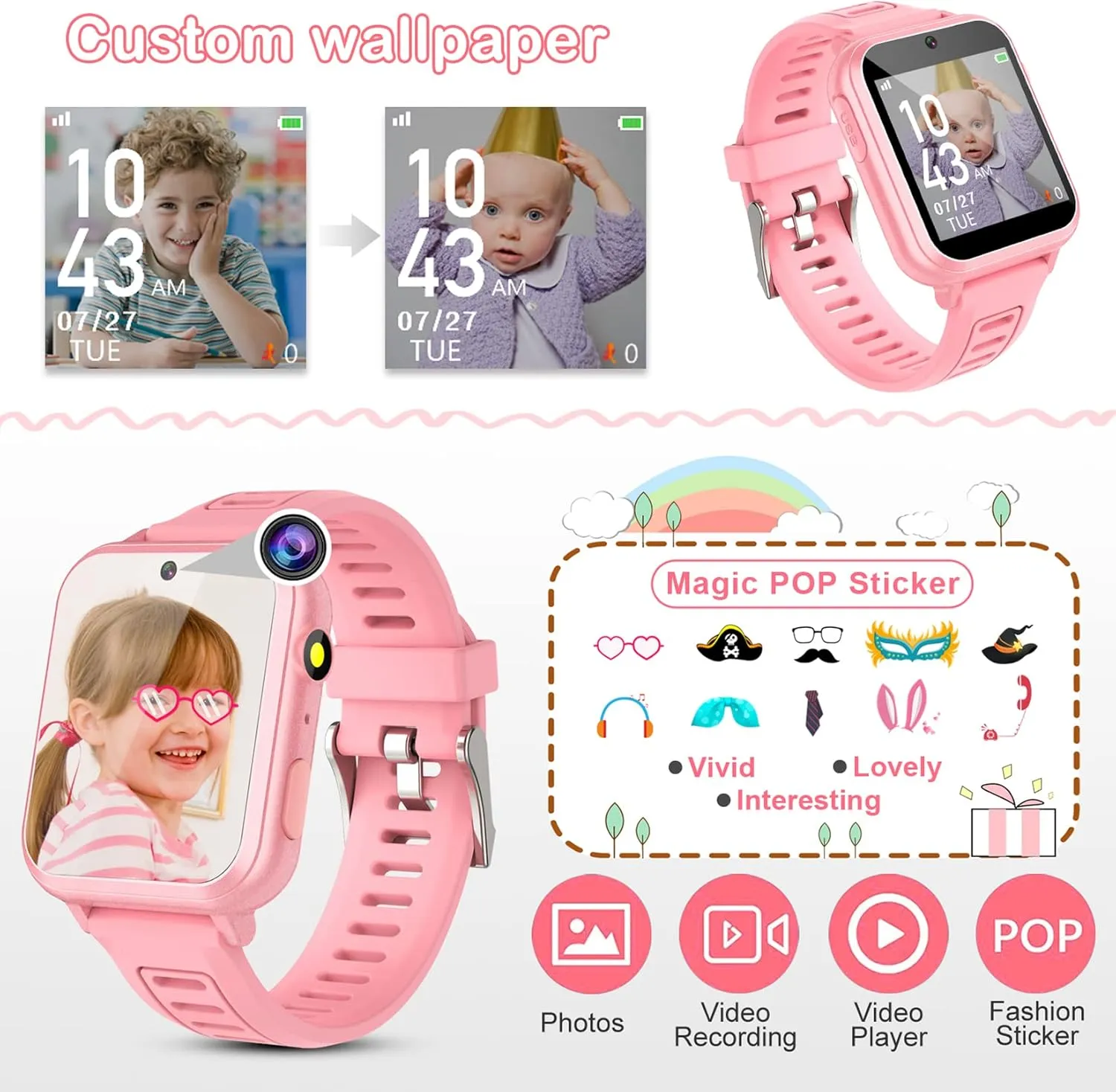 Smart Watch for Kids, Toddler Watch Toys with 24 Games Camera Video Recorder Music Alarm Calculator Calendar Stopwatch Flashlight Pedometer Birthday Gift Toys for 3-12 Year Old Boys and Girls (Pink)