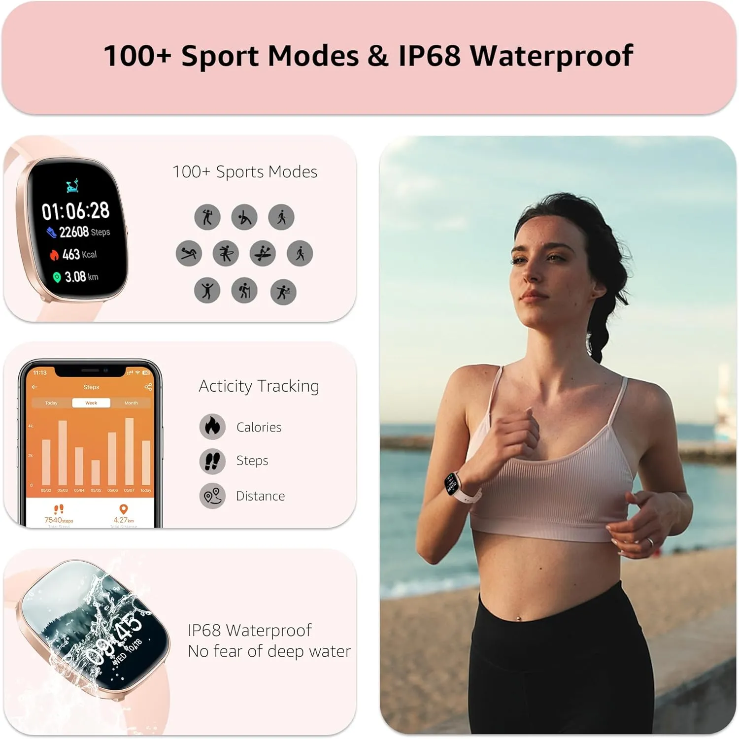 Smart Watch for Men Women Make/Answer Calls,1.83"Fitness Tracker with Sleep Tracker/Blood Pressure/Heart Rate Monitor,Pedometer,100  Sport Modes,IP68 Waterproof,350 Mah, Compatible with Android&iPhone