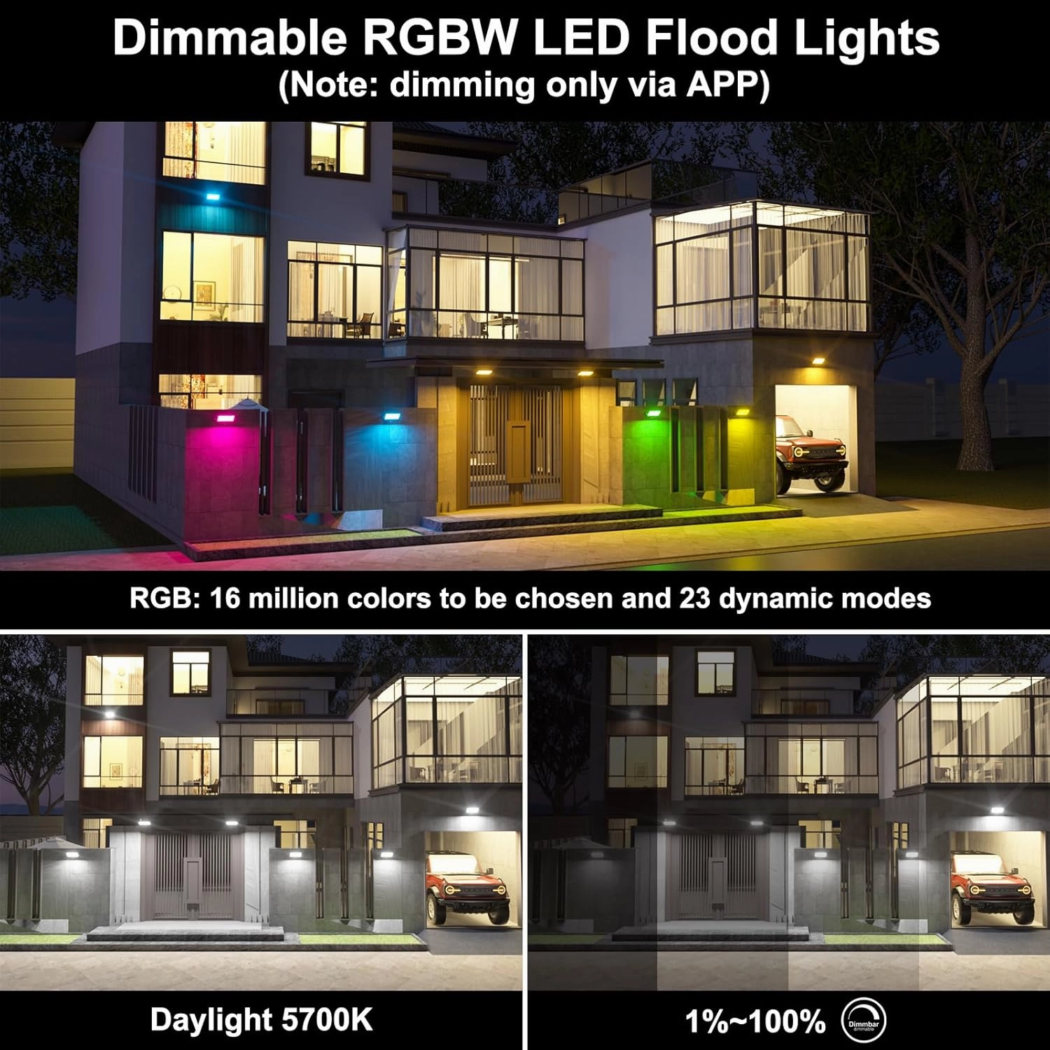 Smart Flood Lights Outdoor RGB via Bluetooth App Control Color Changing Landscape Lights 80W IP66 Waterproof, DIY Scenes/Music Sync/Timing/Daylight 4Pack