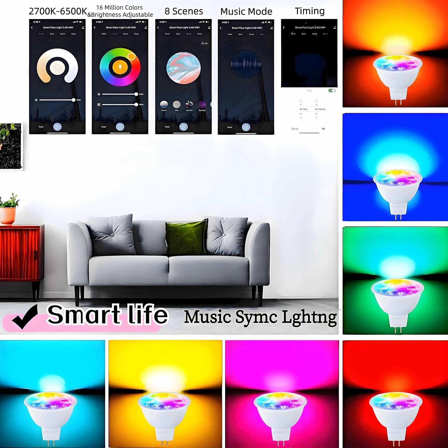 Smart MR16 LED Bulbs Dimmable Color Changing,12Volt Gu5.3 Bi-Pin Base,RGB MR16 LED WiFi Bulb Works With Alexa,Adjustable 16Million Colors And Music Sync,For Living Roomn Bedroom Office Hotel Etc.2Pack