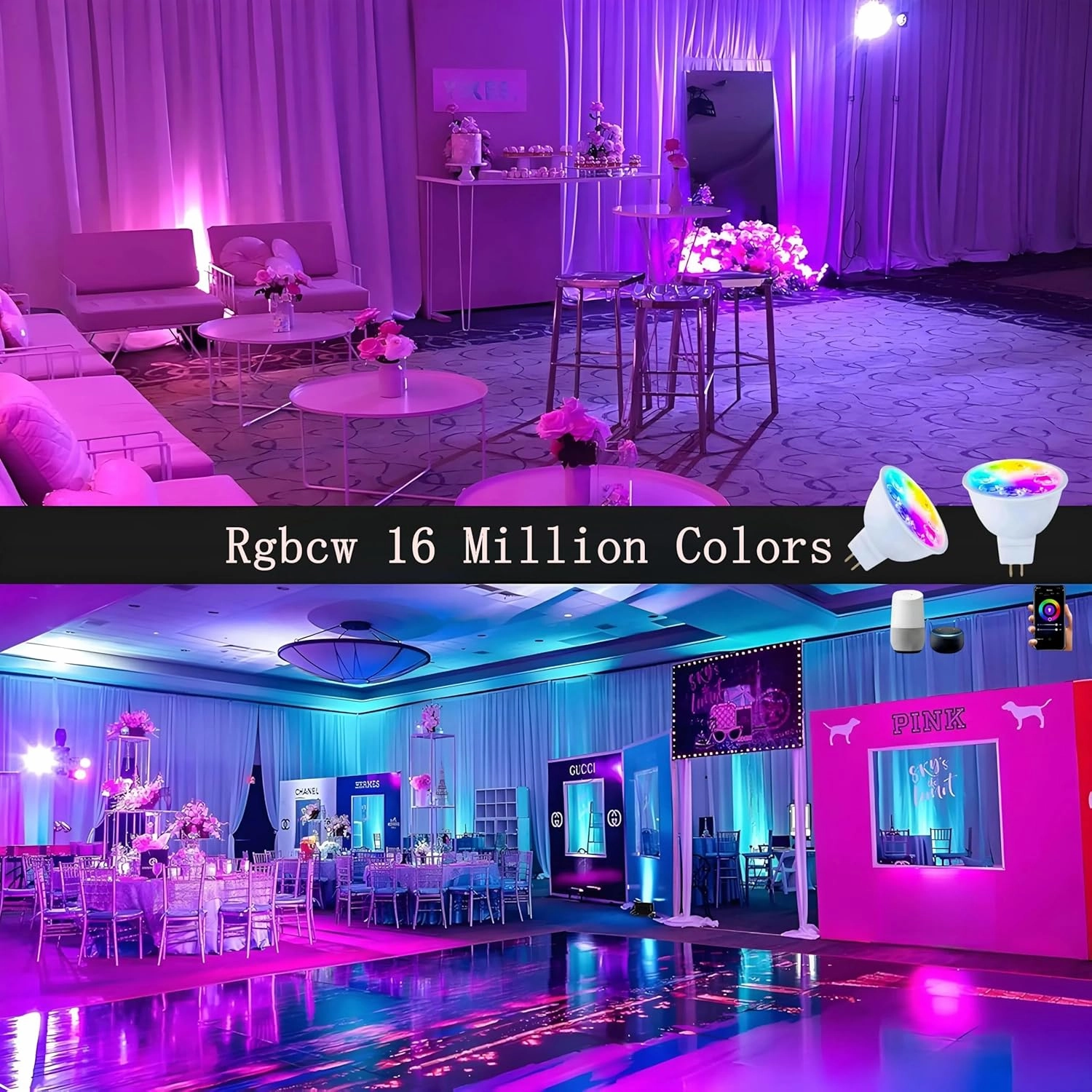 Smart MR16 LED Bulbs Dimmable Color Changing,12Volt Gu5.3 Bi-Pin Base,RGB MR16 LED WiFi Bulb Works With Alexa,Adjustable 16Million Colors And Music Sync,For Living Roomn Bedroom Office Hotel Etc.2Pack