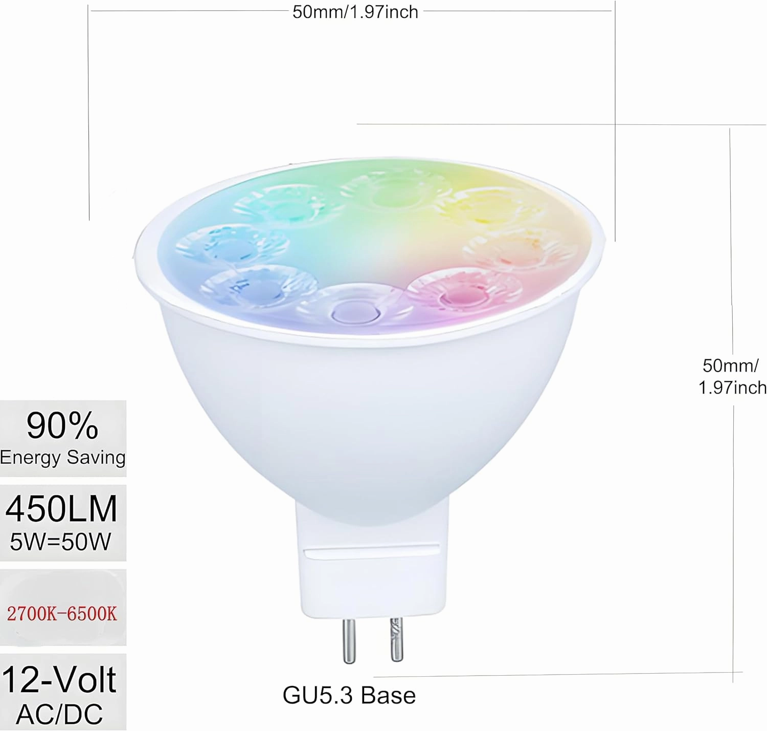 Smart MR16 LED Bulbs Dimmable Color Changing,12Volt Gu5.3 Bi-Pin Base,RGB MR16 LED WiFi Bulb Works With Alexa,Adjustable 16Million Colors And Music Sync,For Living Roomn Bedroom Office Hotel Etc.2Pack