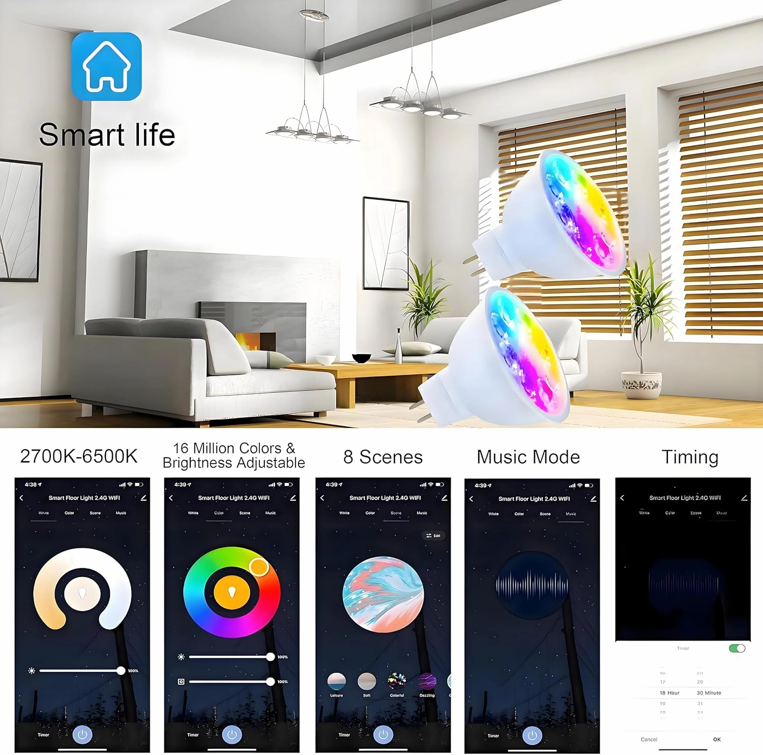 Smart MR16 LED Bulbs Dimmable Color Changing,12Volt Gu5.3 Bi-Pin Base,RGB MR16 LED WiFi Bulb Works With Alexa,Adjustable 16Million Colors And Music Sync,For Living Roomn Bedroom Office Hotel Etc.2Pack