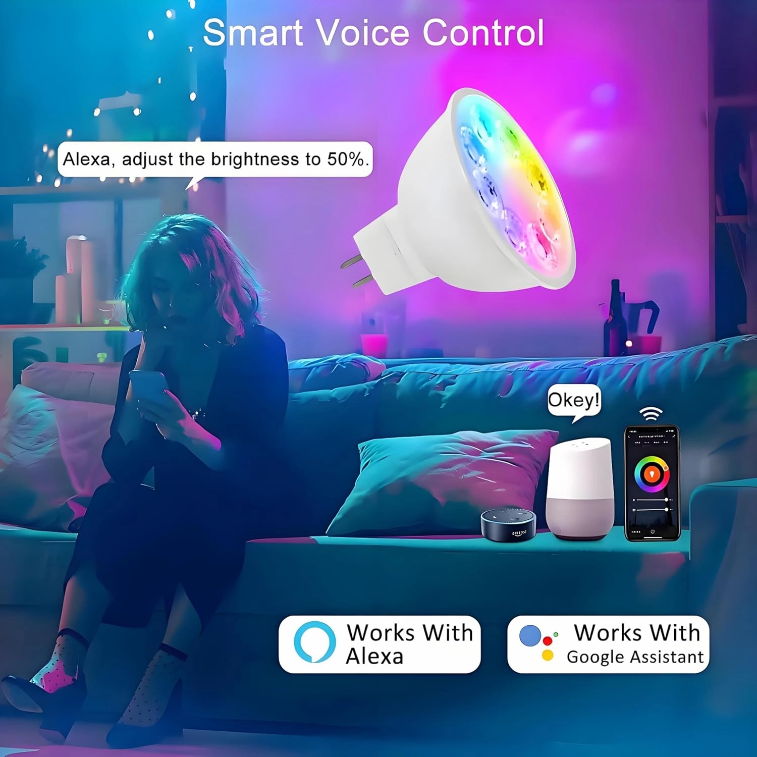 Smart MR16 LED Bulbs Dimmable Color Changing,12Volt Gu5.3 Bi-Pin Base,RGB MR16 LED WiFi Bulb Works With Alexa,Adjustable 16Million Colors And Music Sync,For Living Roomn Bedroom Office Hotel Etc.2Pack