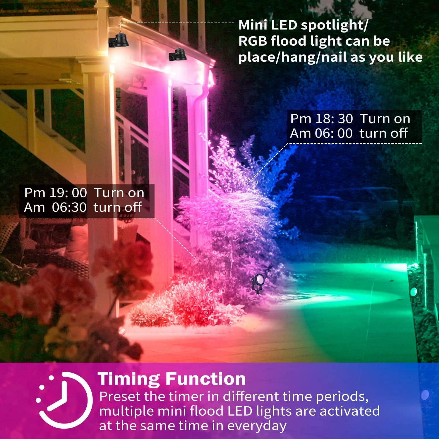 Smart Outdoor Lights, 15W Halloween Spotlights with US Plug, 12V APP Control, Waterproof, Dimmable with Timer