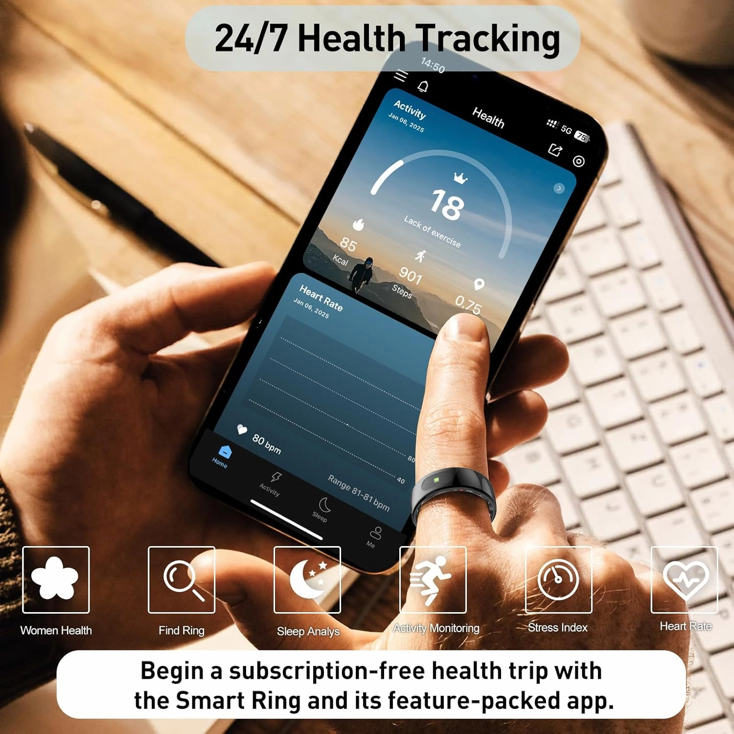 Smart Ring Health Tracker for Women & Men, Fitness Ring with Sleep & Motion Tracking, Touch Control, No Subscription Required, Compatible with iOS & Android (Silver, 11)