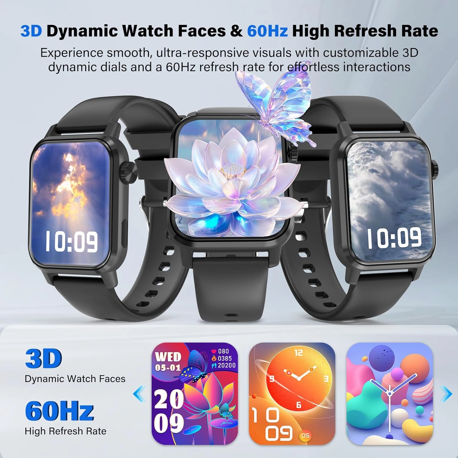 Smart Watch, 1.85" HD Display, 3D Dynamic Dial, 60Hz High Refresh, Bluetooth Calling, LED Flashlight, 100  Sports Modes (Black)