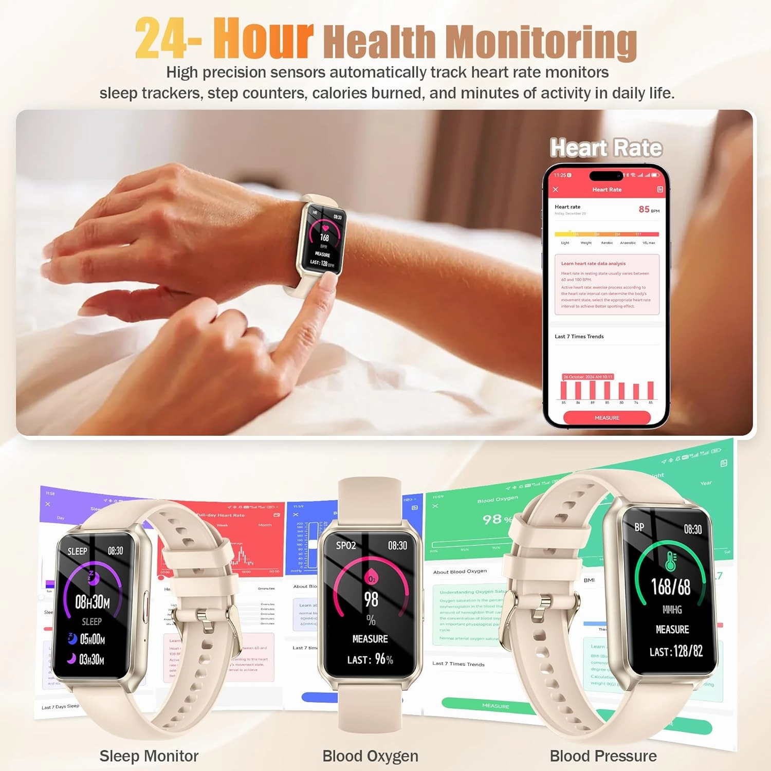 Smart Watch with Fitness Tracker, 1.57-Inch Display, Answer Calls, Sleep Monitor, IP68 Water Resistant (Gold)