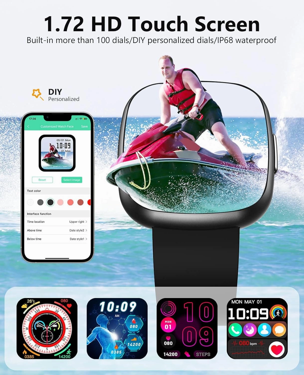 Smart Watches, 1.72" Smartwatch for Men Women (Answer/Make Call), Fitness Tracker with 100  Sport Modes, IP68 Waterproof, Heart Rate/Sleep/Spo2 Monitor, Activity Tracker for Android iOS