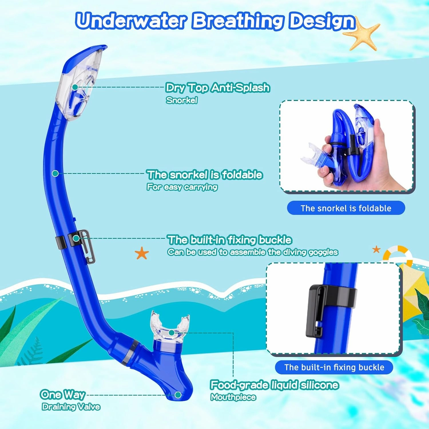 Snorkeling Gear for Kids with Foldable Silicone Full Dry Snorkel, Kids Snorkel Set Anti Leak Youth Junior Snorkeling Package Diving Mask Soft Tube with Mesh Bag Scuba Swimming Goggles