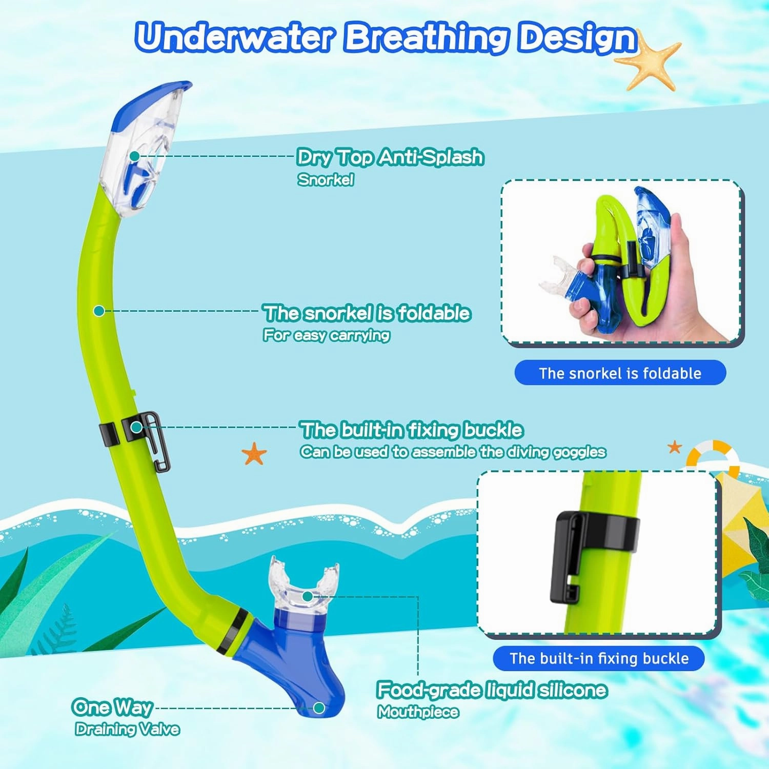 Snorkeling Gear for Kids with Foldable Silicone Full Dry Snorkel, Kids Snorkel Set Anti Leak Youth Junior Snorkeling Package Diving Mask Soft Tube with Mesh Bag Scuba Swimming Goggles