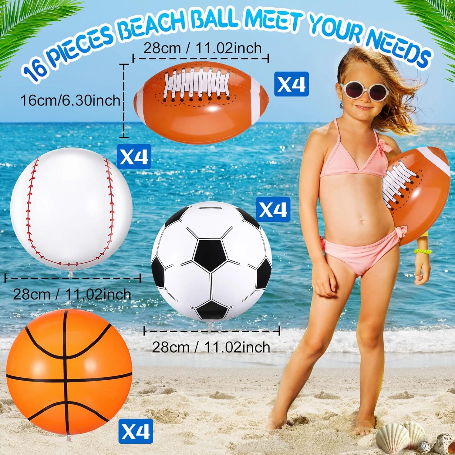 Sosation 16 Piece Inflatable Sports Ball Set - Includes Football, Baseball, Basketball, and Soccer Balls, Made of PVC Plastic, Perfect for Indoor and Outdoor Use