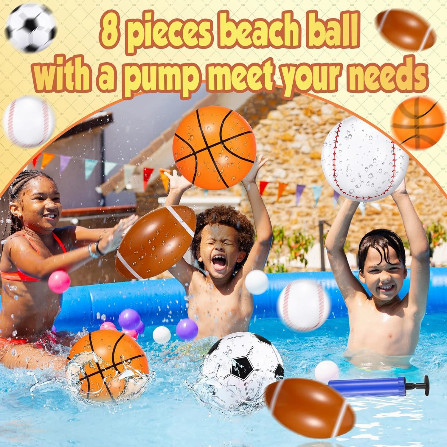 Sosation 8 Pcs Inflatable Sports Balls 16 Inch Inflatable Beach Ball Blow up 4 Styles Sports Party Decorations Balls of Swimming Pool Summer Pool Toys for Indoor Outdoor Beach