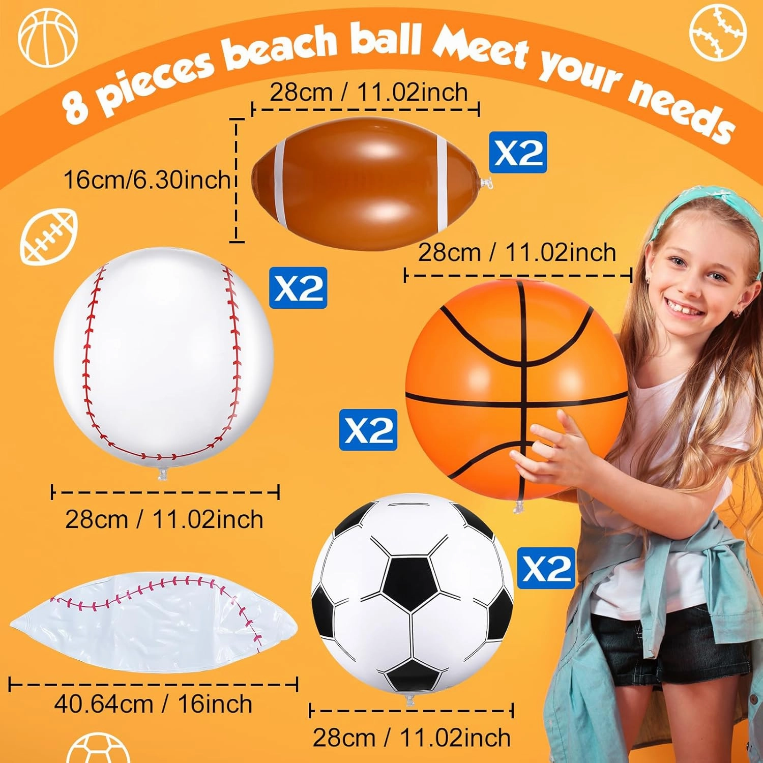 Sosation 8 Pcs Inflatable Sports Balls 16 Inch Inflatable Beach Ball Blow up 4 Styles Sports Party Decorations Balls of Swimming Pool Summer Pool Toys for Indoor Outdoor Beach