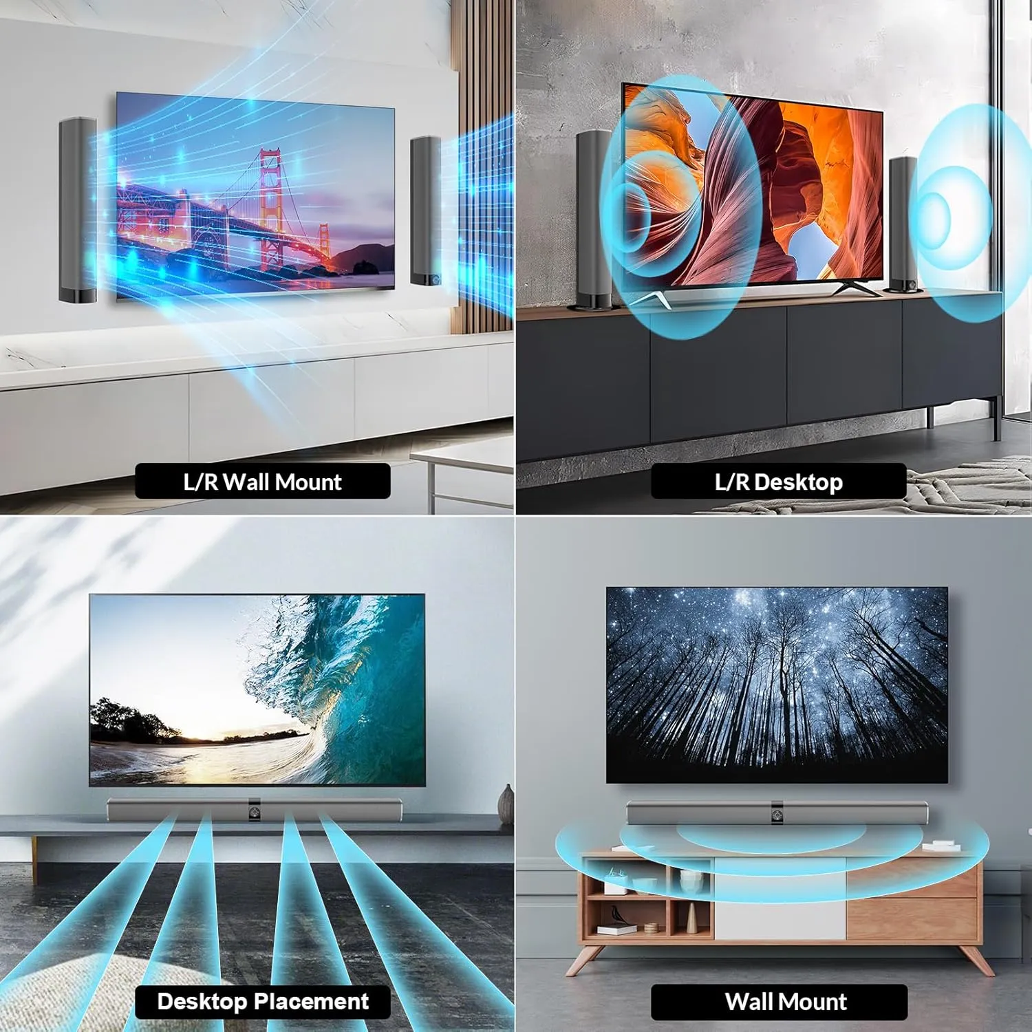 Sound Bar for Smart TV, 80W Soundbar with Bluetooth/ARC/Opt/AUX Connect, Auto Volume Boost, 3 Equalizer Modes, 2 in 1 Detachable Soundbar for TV/PC/Gaming/Projectors
