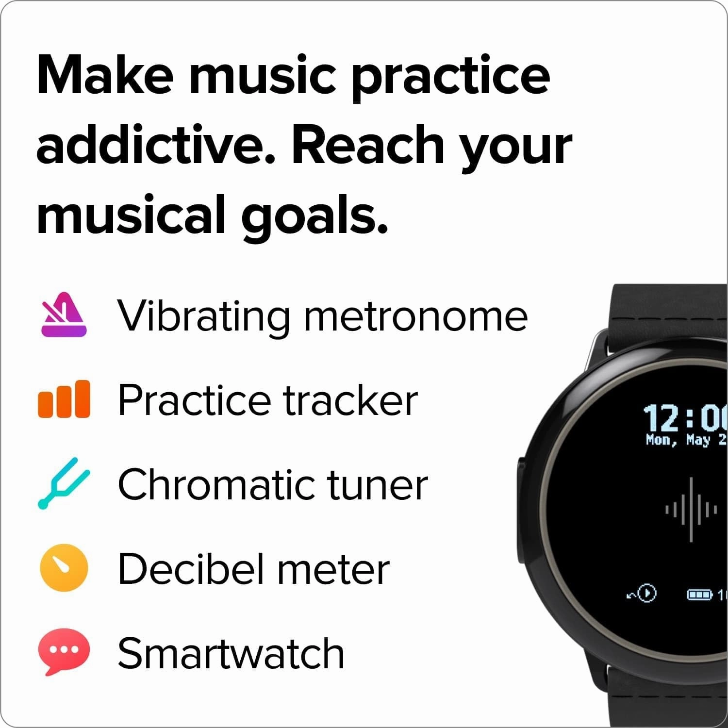 Soundbrenner Core 2, Music Practice Companion for All Musicians with Vibrating Metronome, Practice Tracker, Chromatic Tuner, Decibel Meter and Smart Watch, Best in Show at NAMM (Jet black)