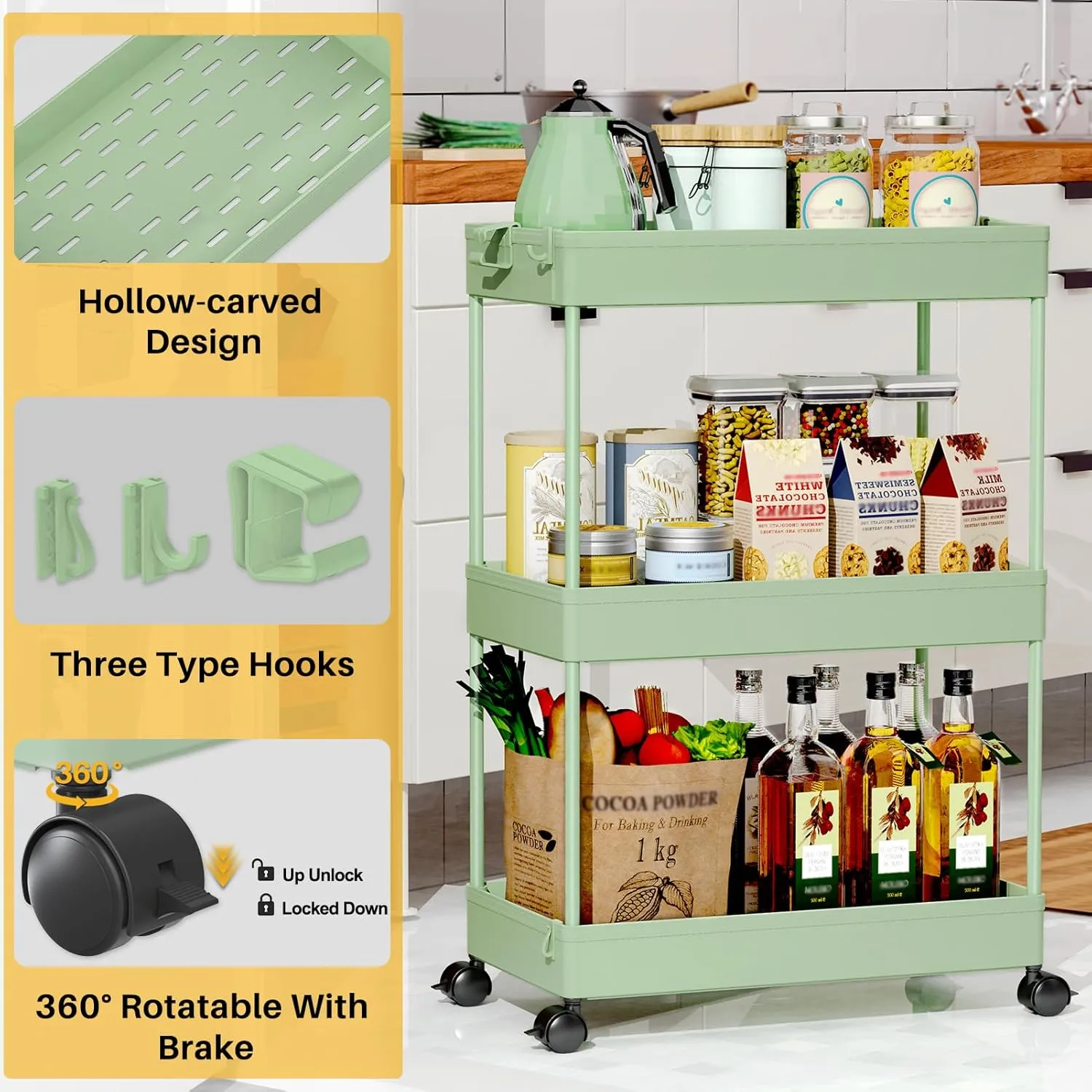 SPACEKEEPER Rolling Storage Cart 3 Tier, Bathroom Cart Organizer Laundry Room Organizer Utility Cart Mobile Shelving Unit Multi-Functional Shelves for Office, Kitchen, Bathroom, Green