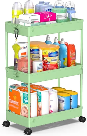 SPACEKEEPER Rolling Storage Cart 3 Tier, Bathroom Cart Organizer Laundry Room Organizer Utility Cart Mobile Shelving Unit Multi-Functional Shelves for Office, Kitchen, Bathroom, Green