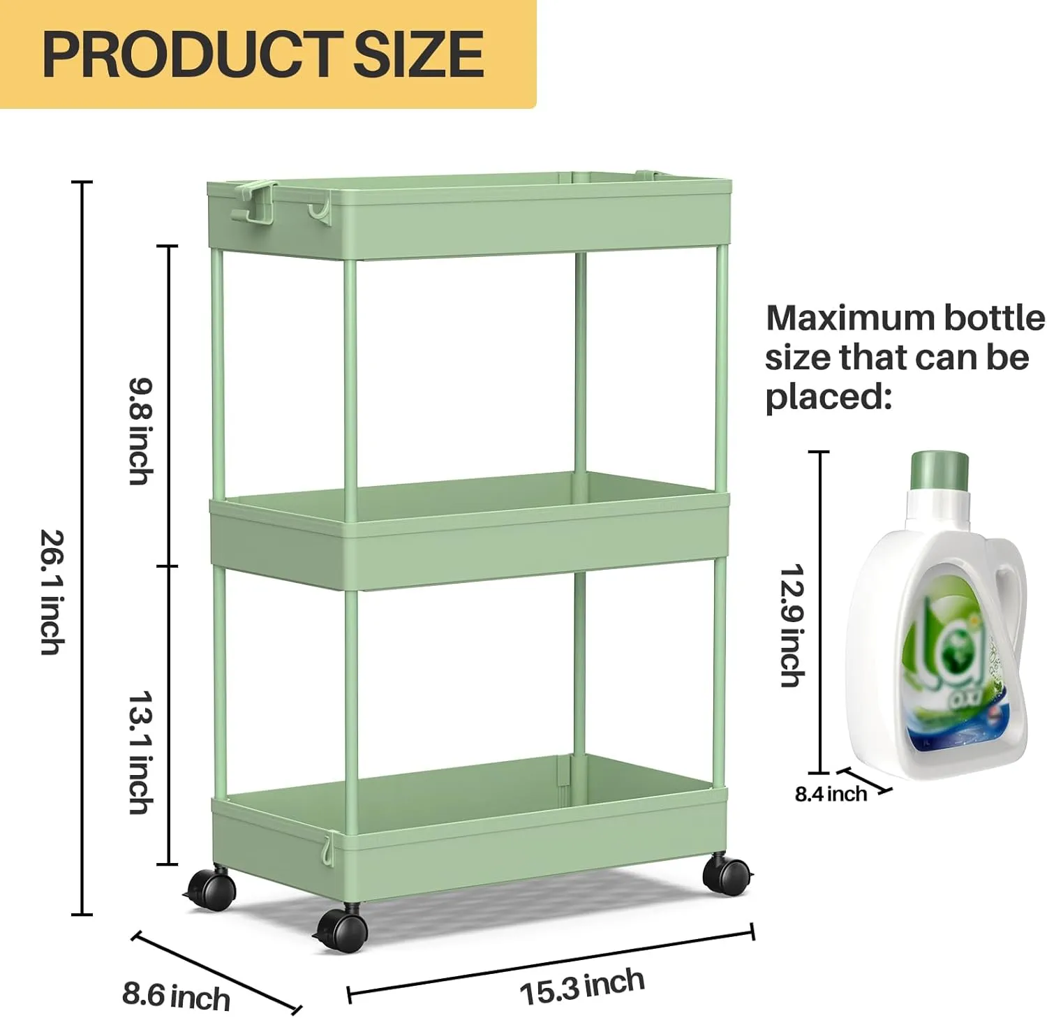 SPACEKEEPER Rolling Storage Cart 3 Tier, Bathroom Cart Organizer Laundry Room Organizer Utility Cart Mobile Shelving Unit Multi-Functional Shelves for Office, Kitchen, Bathroom, Green
