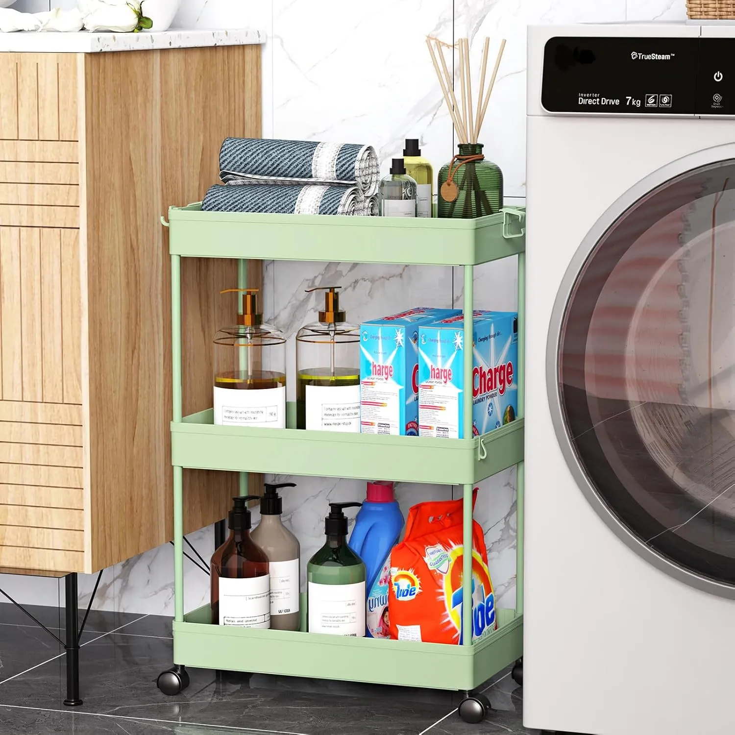 SPACEKEEPER Rolling Storage Cart 3 Tier, Bathroom Cart Organizer Laundry Room Organizer Utility Cart Mobile Shelving Unit Multi-Functional Shelves for Office, Kitchen, Bathroom, Green