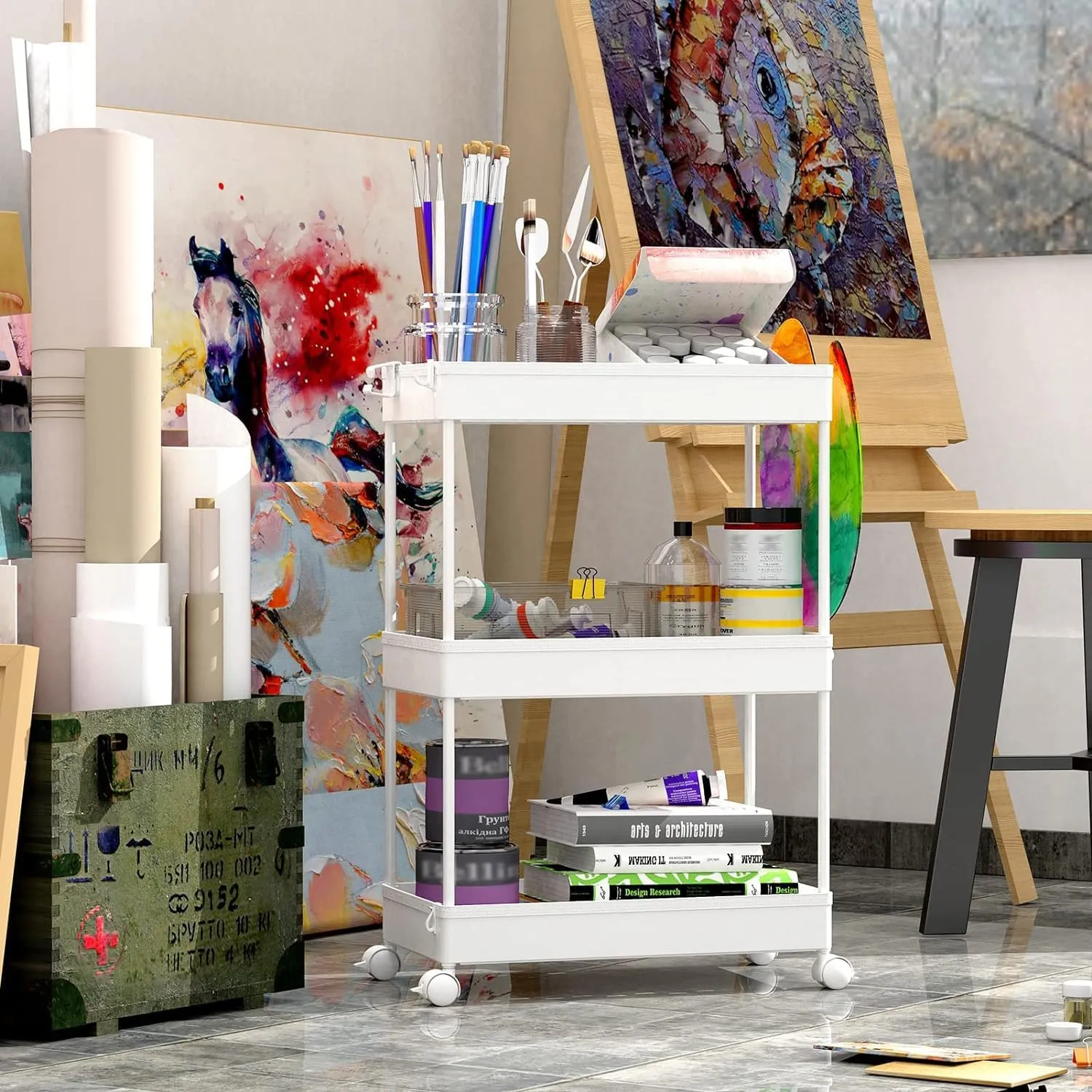 SPACEKEEPER Rolling Storage Cart 3 Tier, Bathroom Cart Organizer Laundry Room Organizer Utility Cart Mobile Shelving Unit Multi-Functional Shelves for Office, Kitchen, Bathroom, White