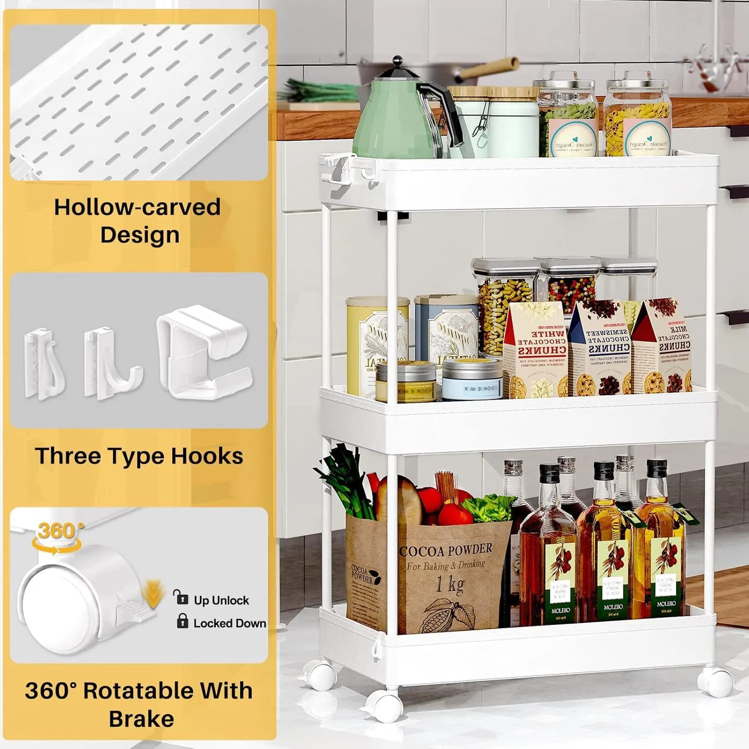 SPACEKEEPER Rolling Storage Cart 3 Tier, Bathroom Cart Organizer Laundry Room Organizer Utility Cart Mobile Shelving Unit Multi-Functional Shelves for Office, Kitchen, Bathroom, White