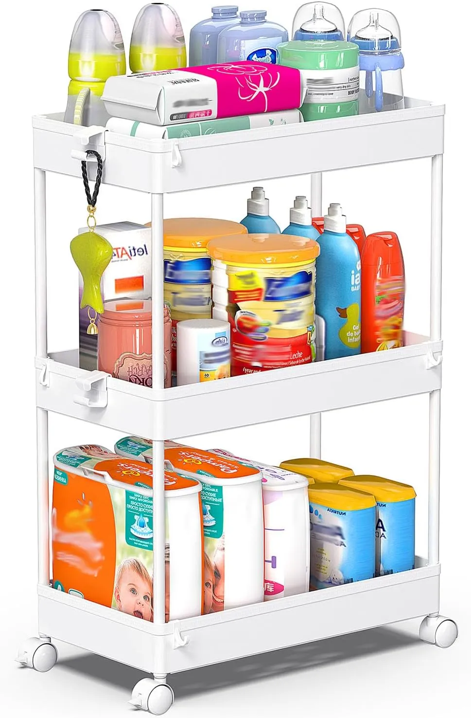 SPACEKEEPER Rolling Storage Cart 3 Tier, Bathroom Cart Organizer Laundry Room Organizer Utility Cart Mobile Shelving Unit Multi-Functional Shelves for Office, Kitchen, Bathroom, White