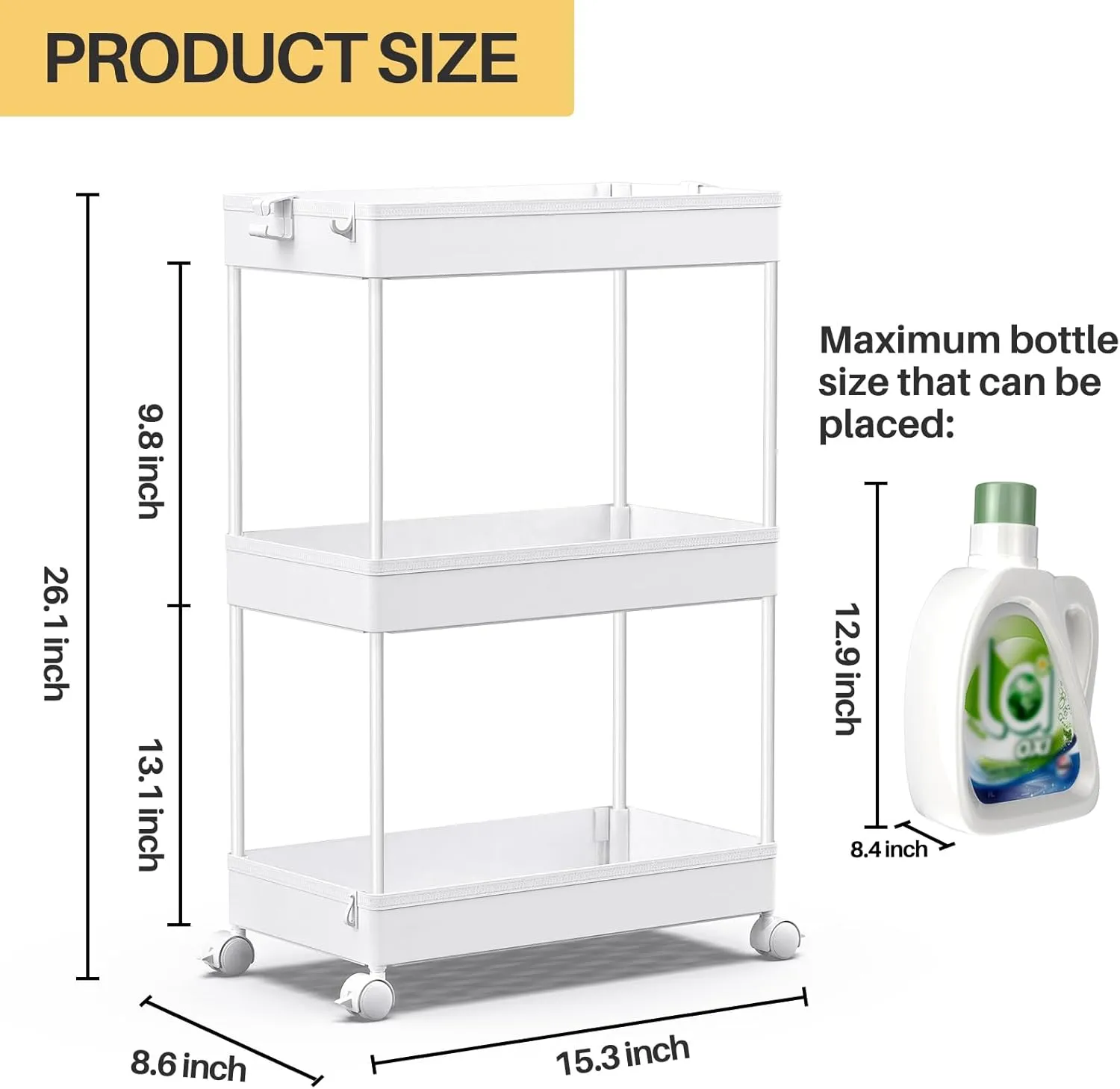 SPACEKEEPER Rolling Storage Cart 3 Tier, Bathroom Cart Organizer Laundry Room Organizer Utility Cart Mobile Shelving Unit Multi-Functional Shelves for Office, Kitchen, Bathroom, White