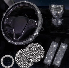 Sparkly 15 Inch Car Steering Wheel Covers Set, 7 Pack Crystal Rhinestone Car Accessories with Seat Belt Pad, Gear Shift Knob Cover, Ignition Button Ring, Shiny Car Coaster