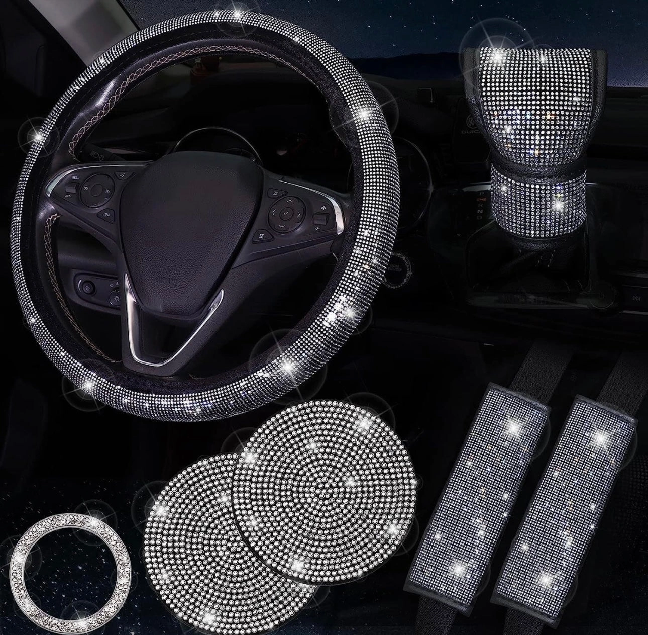 Sparkly 15 Inch Car Steering Wheel Covers Set, 7 Pack Crystal Rhinestone Car Accessories with Seat Belt Pad, Gear Shift Knob Cover, Ignition Button Ring, Shiny Car Coaster