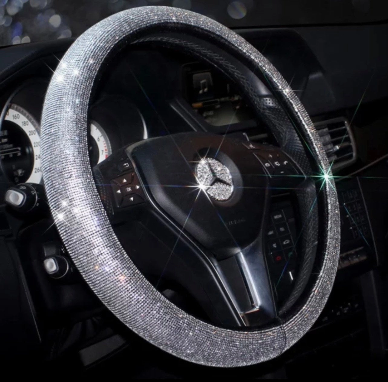 Sparkly 15 Inch Car Steering Wheel Covers Set, 7 Pack Crystal Rhinestone Car Accessories with Seat Belt Pad, Gear Shift Knob Cover, Ignition Button Ring, Shiny Car Coaster
