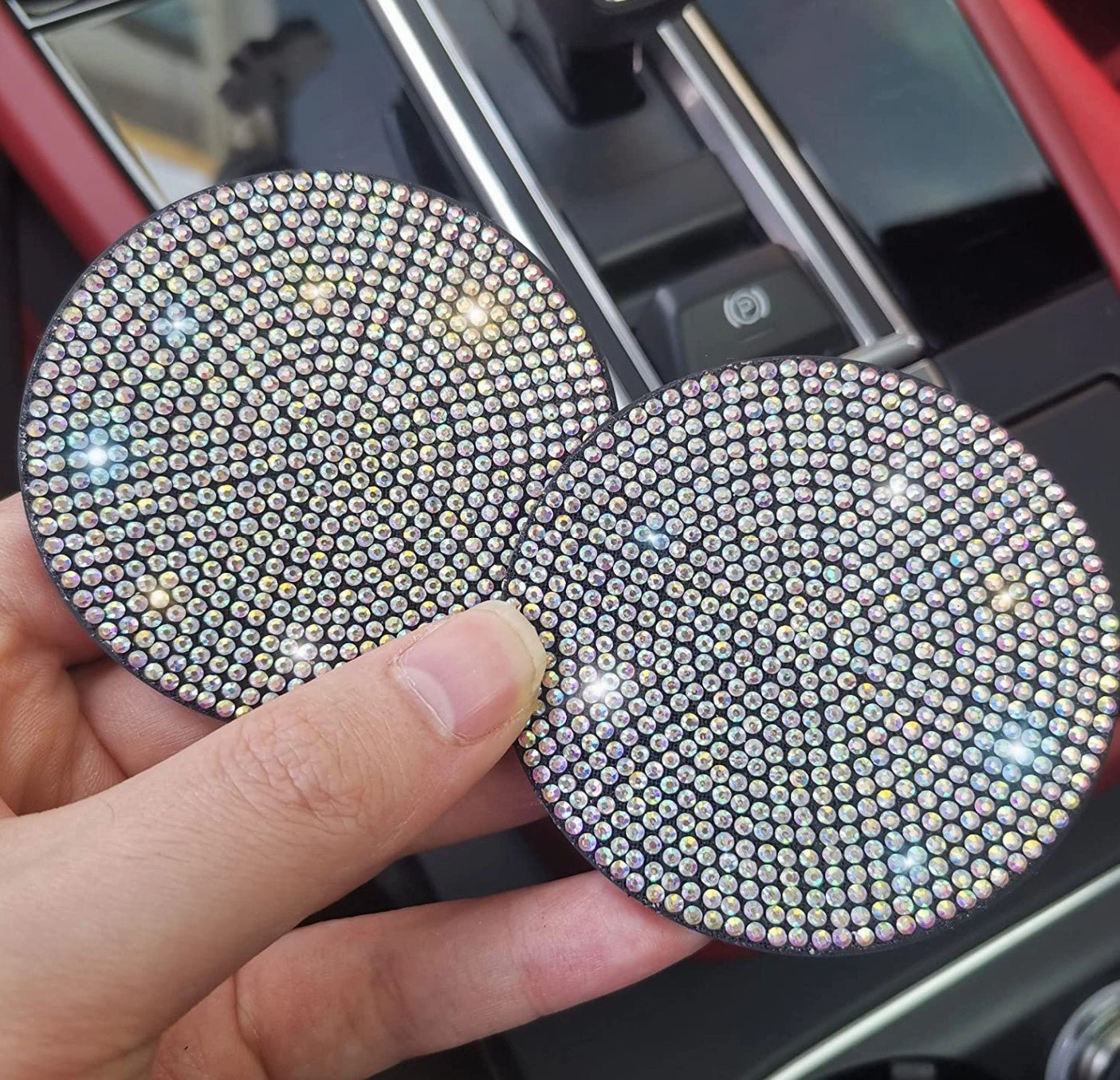 Sparkly 15 Inch Car Steering Wheel Covers Set, 7 Pack Crystal Rhinestone Car Accessories with Seat Belt Pad, Gear Shift Knob Cover, Ignition Button Ring, Shiny Car Coaster
