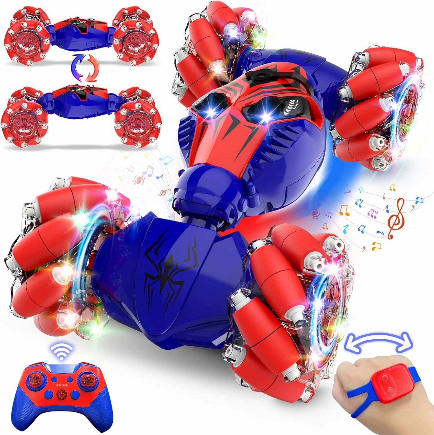 Spider Remote Control Stunt Car: Christmas Birthday Gifts for Boys Toys Ages 6-12 - 2.4Ghz Gesture Sensing Remote Control Cars with Light and Music Spray - 8WD Drift 360° Rotating RC Car for 7-14 Kids