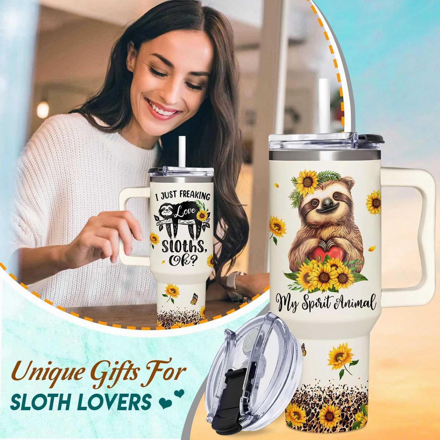 Spirit Sloth Cup - 40oz Tumbler with Handle - Sloth Stuff Accessories Decor for Women - Birthday, Christmas Gifts