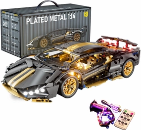 Sport Race Car Building Block Sets for Adults Boys,Black Technical Racing Supercar Toys Kits with LED Light Collectible 1:14 MOC Model Construction Birthday Gifts for Teens Age 8-12 12-16,14 