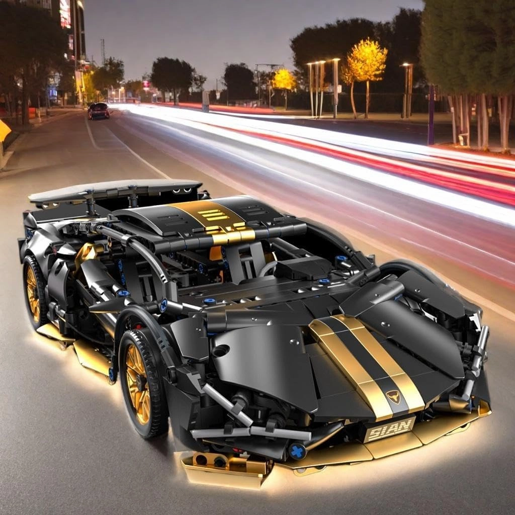 Sport Race Car Building Block Sets for Adults Boys,Black Technical Racing Supercar Toys Kits with LED Light Collectible 1:14 MOC Model Construction Birthday Gifts for Teens Age 8-12 12-16,14 