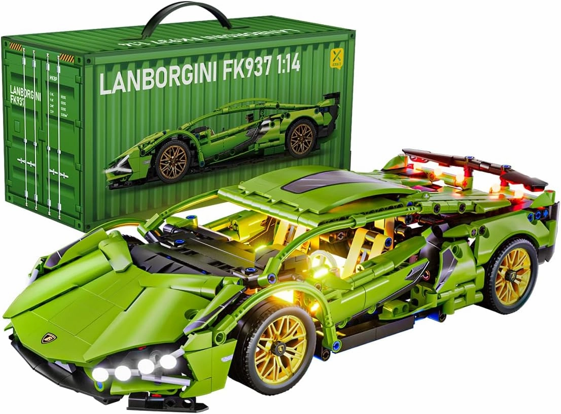 Sport Race Car Building Block Sets for Adults Boys,Green Racing Supercar Toys Kits with LED Light Collectible 1:14 Model Construction Birthday Gifts for Teens Age 8-12 12-16,14 14 (1254 PCS)