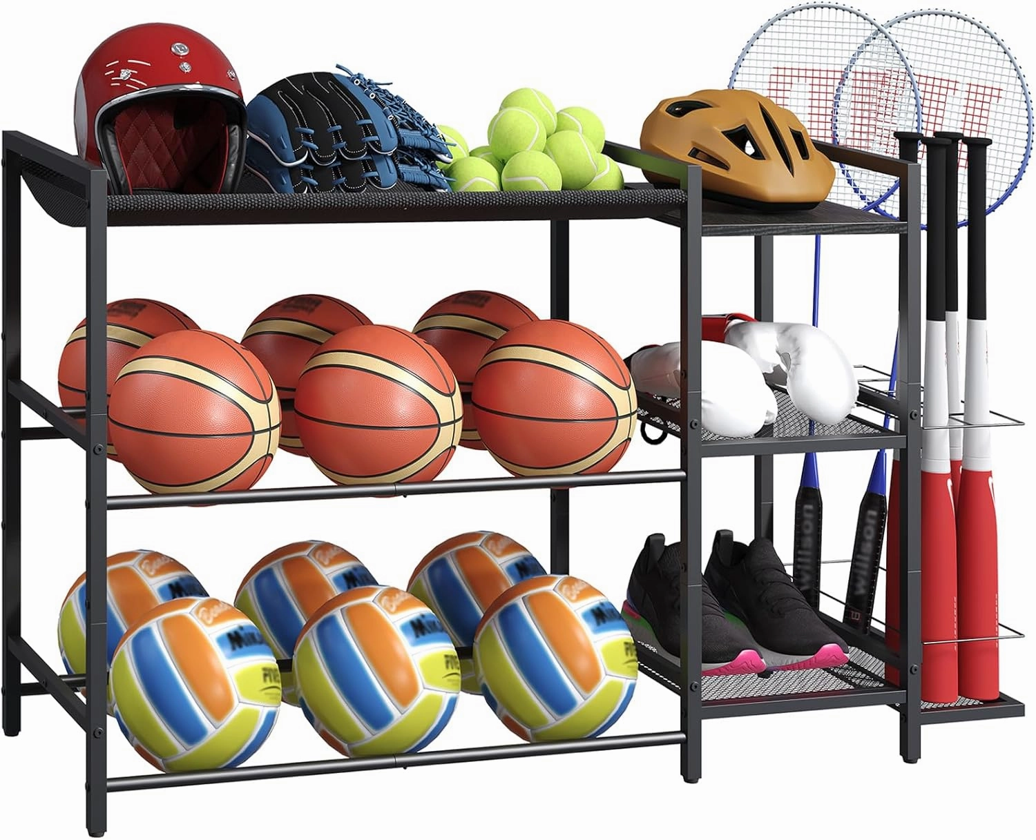 Sports Equipment Organizer, Rolling Ball Storage Rack with Wheels, Basketball Racks with Baseball Bat Holder, for Volleyball, Football and Basketball, Garage Organizer, Black BEHR17301