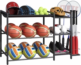 Sports Equipment Organizer, Rolling Ball Storage Rack with Wheels, Basketball Racks with Baseball Bat Holder, for Volleyball, Football and Basketball, Garage Organizer, Black BEHR17301