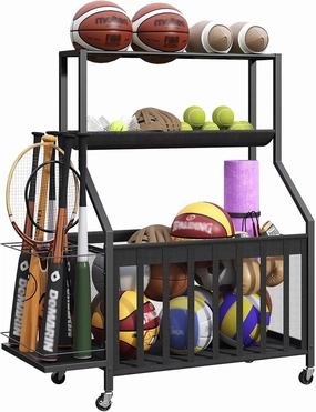 Sports Equipment Storage for Garage, Sports Equipment Organizer, Rolling Sports Ball Storage Cart, Garage Storage with Basket, Ball Holder for Baseballs, Basketballs, Black BEHB17101