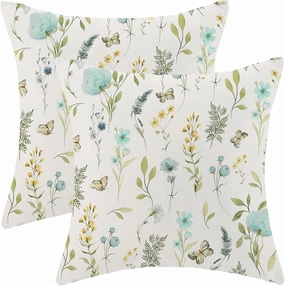 Spring Pillow Covers 18x18 Inch Set of 2, Aqua Teal Sage Green Wild Flower Throw Pillows Case,Colorful Seasonal Floral Plant Outdoor Decorative Farmhouse Decor Cushion Covers for Sofa Bed Couch