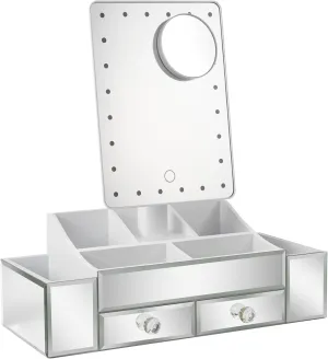 Star Vision 3-in-1 Lighted Makeup Mirror with Large Makeup Organizer & 2 Jewelry Drawers, Dimmable 6,000K Cool White Light, Luxury Crystal Diamond Effect Surface, Includes a 10X Magnification Mirror