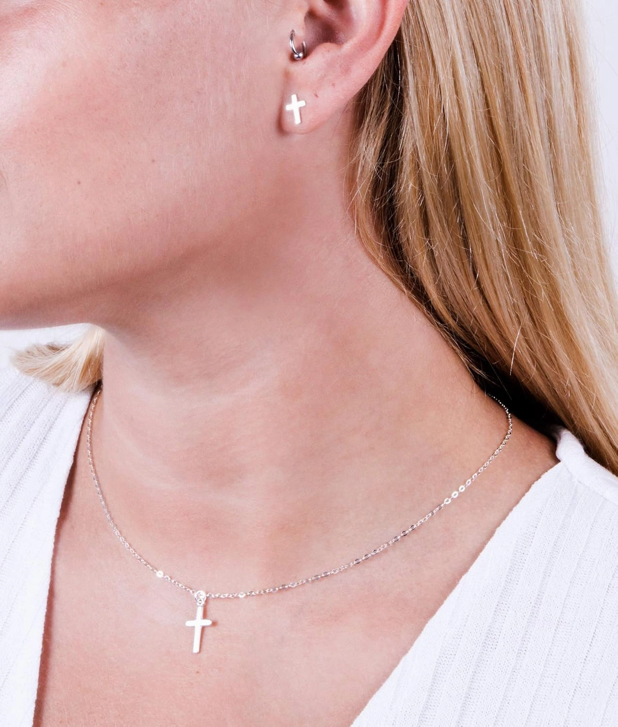 Sterling Silver Cross Choker, Cross Necklace for Women, Cross Pendant Necklaces, Length 13.5-16.5 Inches, Christian Jewelry, Faith Gift, Small Cross (Silver Choker 13.5" 3" extender)