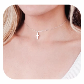 Sterling Silver Cross Choker, Cross Necklace for Women, Cross Pendant Necklaces, Length 13.5-16.5 Inches, Christian Jewelry, Faith Gift, Small Cross (Silver Choker 13.5" 3" extender)