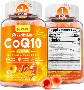Sugar-Free CoQ10-250mg / 500mg Filled Gummies - Plus Omega-3, EPA   DHA, B3 & Zinc - Ultra Co Q-10 Supplements for Hear-t Health, Cellular Energy, Antioxidant Support, Up to 60 Day Supply, Vegan 60Cts