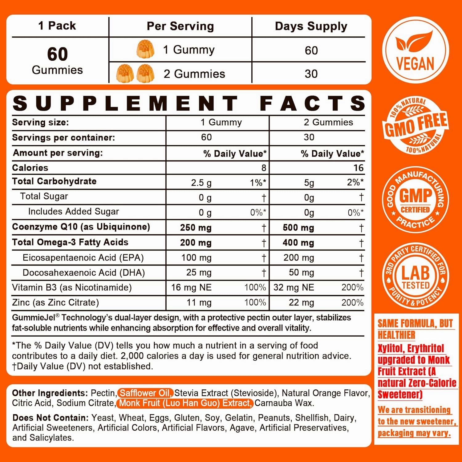 Sugar-Free CoQ10-250mg / 500mg Filled Gummies - Plus Omega-3, EPA   DHA, B3 & Zinc - Ultra Co Q-10 Supplements for Hear-t Health, Cellular Energy, Antioxidant Support, Up to 60 Day Supply, Vegan 60Cts